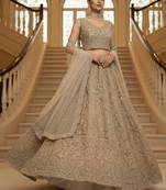 Seductive Golden White Pearl Beads, Thread work, Zari and Dori Embroidered, Zircon Diamond Heavy Net lehenga choli