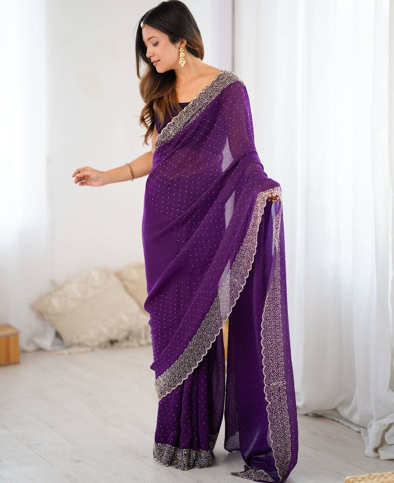 purple color chiffon fabric zarkan hand work designer bollywood style saree