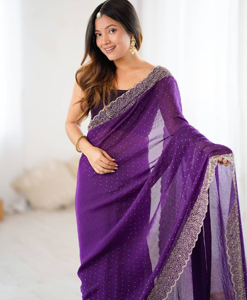 purple color chiffon fabric zarkan hand work designer bollywood style saree