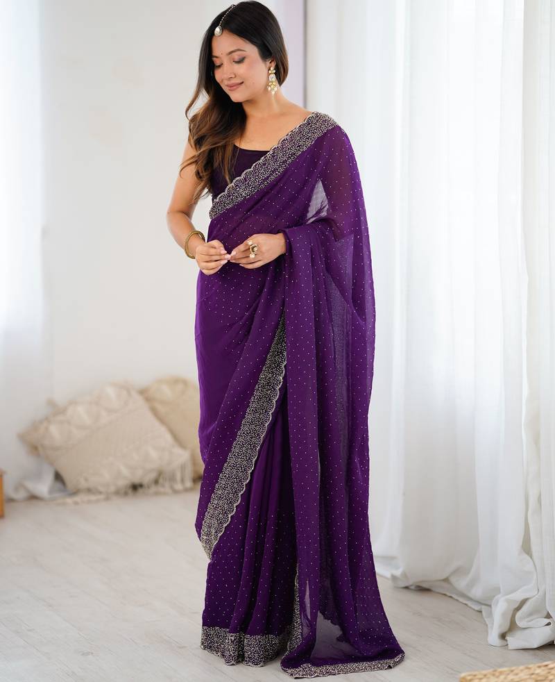 purple color chiffon fabric zarkan hand work designer bollywood style saree