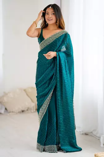 rama color chiffon fabric zarkan hand work designer bollywood style saree