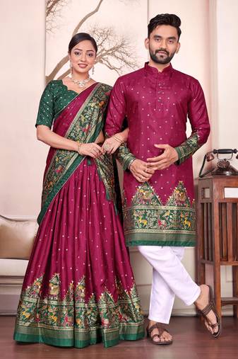 Maroon silk men's  kurta with payjama and semi stitched lehenga choli couple combo