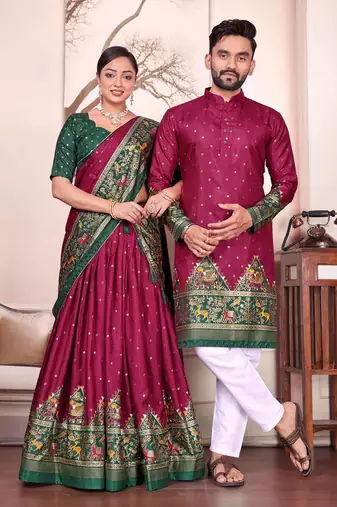 Maroon silk men's  kurta with payjama and semi stitched lehenga choli couple combo