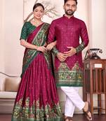 Maroon silk men's  kurta with payjama and semi stitched lehenga choli couple combo