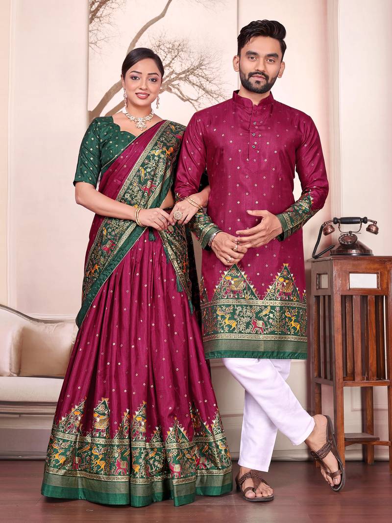 Maroon silk men's  kurta with payjama and semi stitched lehenga choli couple combo