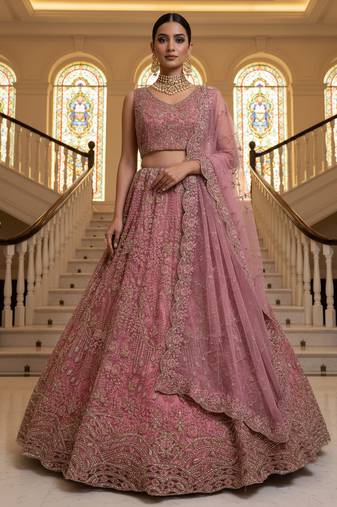 Ravishing Pink White Pearl Beads, Thread work, Zari and Dori Embroidered, Zircon Diamond Net wedding wear lehenga choli