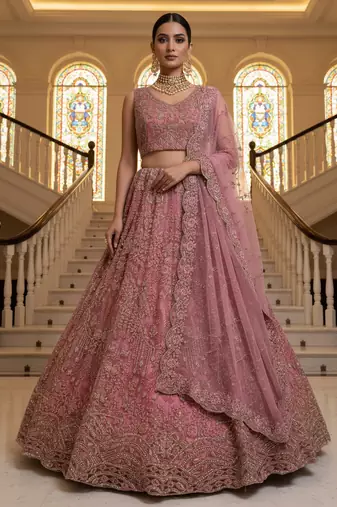 Ravishing Pink White Pearl Beads, Thread work, Zari and Dori Embroidered, Zircon Diamond Net wedding wear lehenga choli
