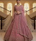 Ravishing Pink White Pearl Beads, Thread work, Zari and Dori Embroidered, Zircon Diamond Net wedding wear lehenga choli