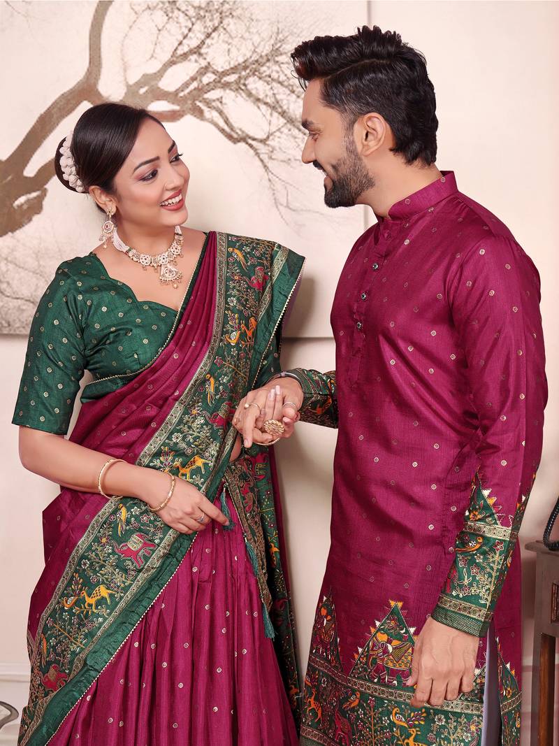 Maroon silk men's  kurta with payjama and semi stitched lehenga choli couple combo