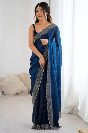 teal color chiffon fabric zarkan hand work designer bollywood style saree