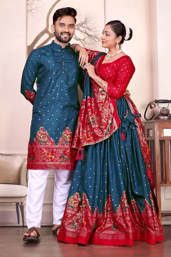 Navy silk men's  kurta with payjama and semi stitched lehenga choli couple combo