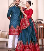 Navy silk men's  kurta with payjama and semi stitched lehenga choli couple combo