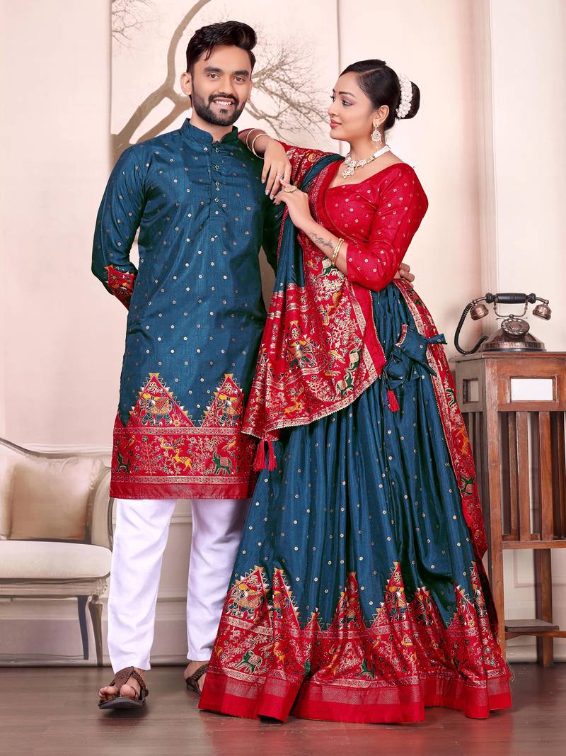Navy silk men's  kurta with payjama and semi stitched lehenga choli couple combo