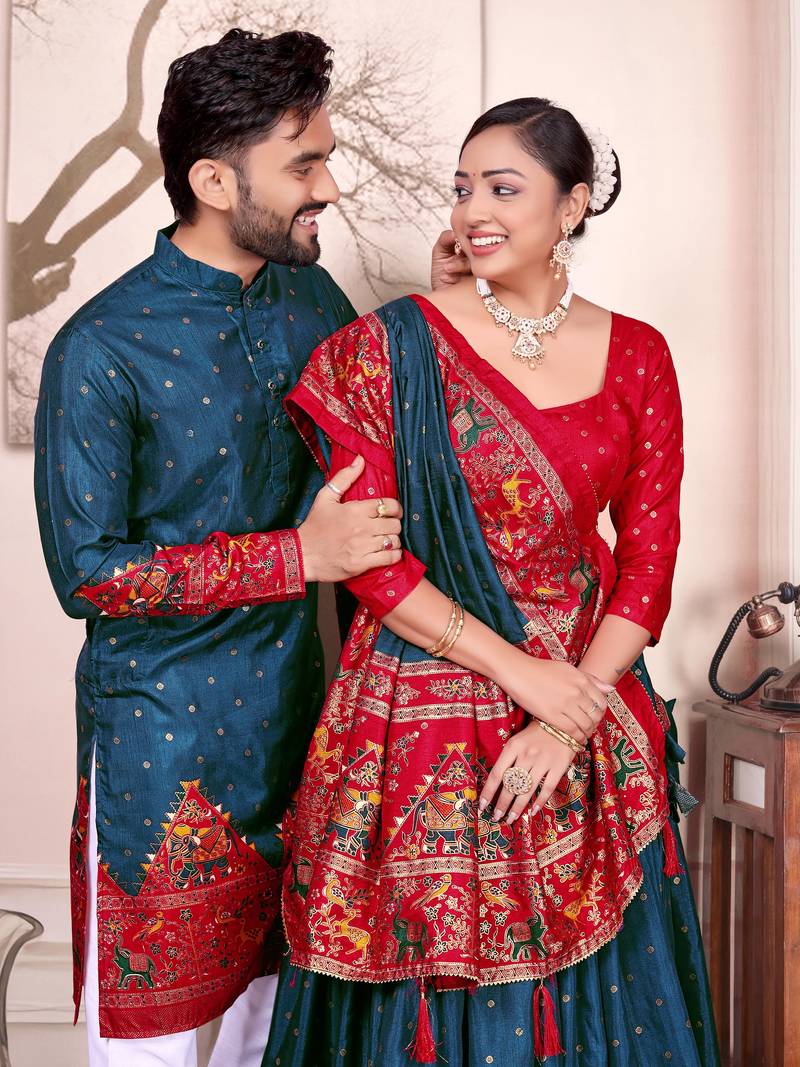 Navy silk men's  kurta with payjama and semi stitched lehenga choli couple combo