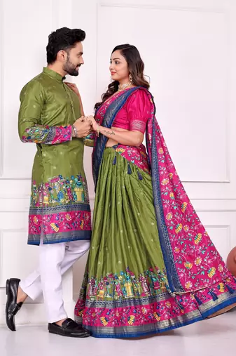 Mehendi silk men's  kurta with payjama and semi stitched lehenga choli couple combo