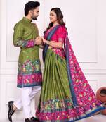 Mehendi silk men's  kurta with payjama and semi stitched lehenga choli couple combo