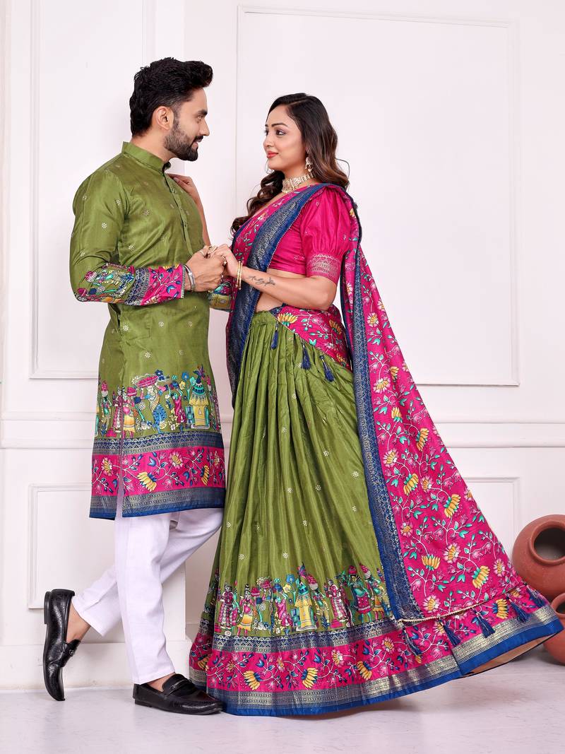Mehendi silk men's  kurta with payjama and semi stitched lehenga choli couple combo