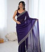voilet color chiffon fabric zarkan hand work bollywood style saree