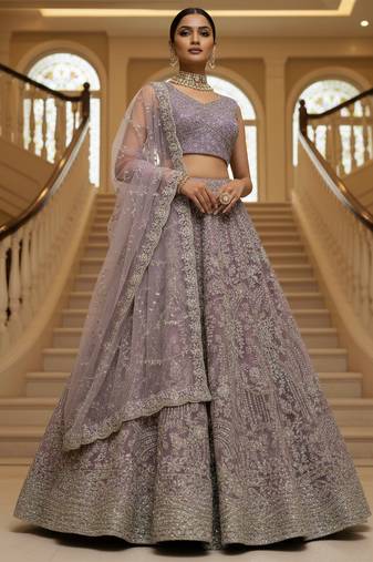 Irresistible Lilac White Pearl Beads, Thread, Zari and Dori Embroidered with Zircon Diamond Net bridal lehenga choli