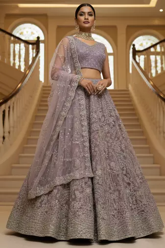 Irresistible Lilac White Pearl Beads, Thread, Zari and Dori Embroidered with Zircon Diamond Net bridal lehenga choli