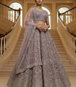 Irresistible Lilac White Pearl Beads, Thread, Zari and Dori Embroidered with Zircon Diamond Net bridal lehenga choli
