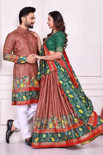 Coral silk men's  kurta with payjama and semi stitched lehenga choli couple combo