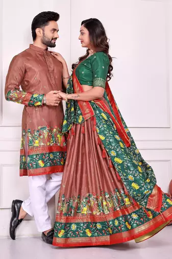 Coral silk men's  kurta with payjama and semi stitched lehenga choli couple combo