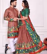 Coral silk men's  kurta with payjama and semi stitched lehenga choli couple combo