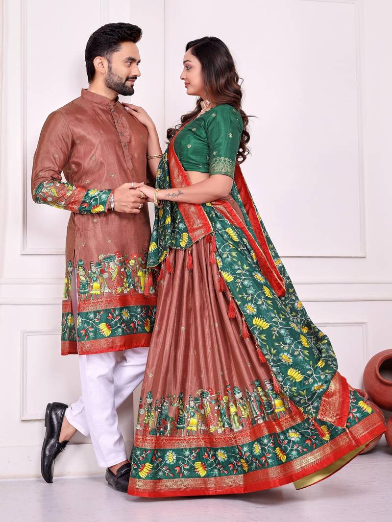 Coral silk men's  kurta with payjama and semi stitched lehenga choli couple combo