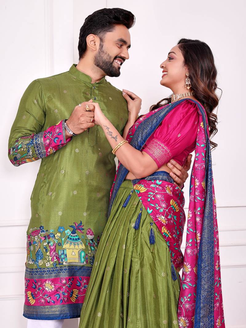 Mehendi silk men's  kurta with payjama and semi stitched lehenga choli couple combo