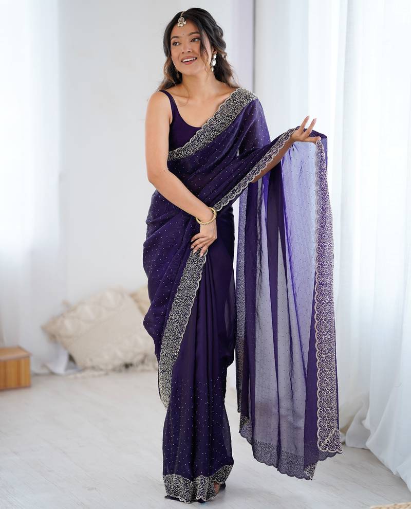 voilet color chiffon fabric zarkan hand work designer bollywood style saree