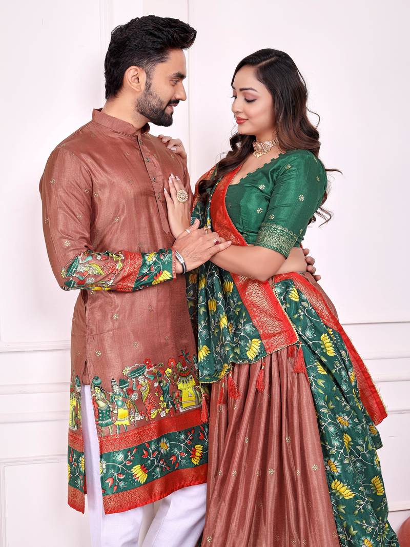 Coral silk men's  kurta with payjama and semi stitched lehenga choli couple combo