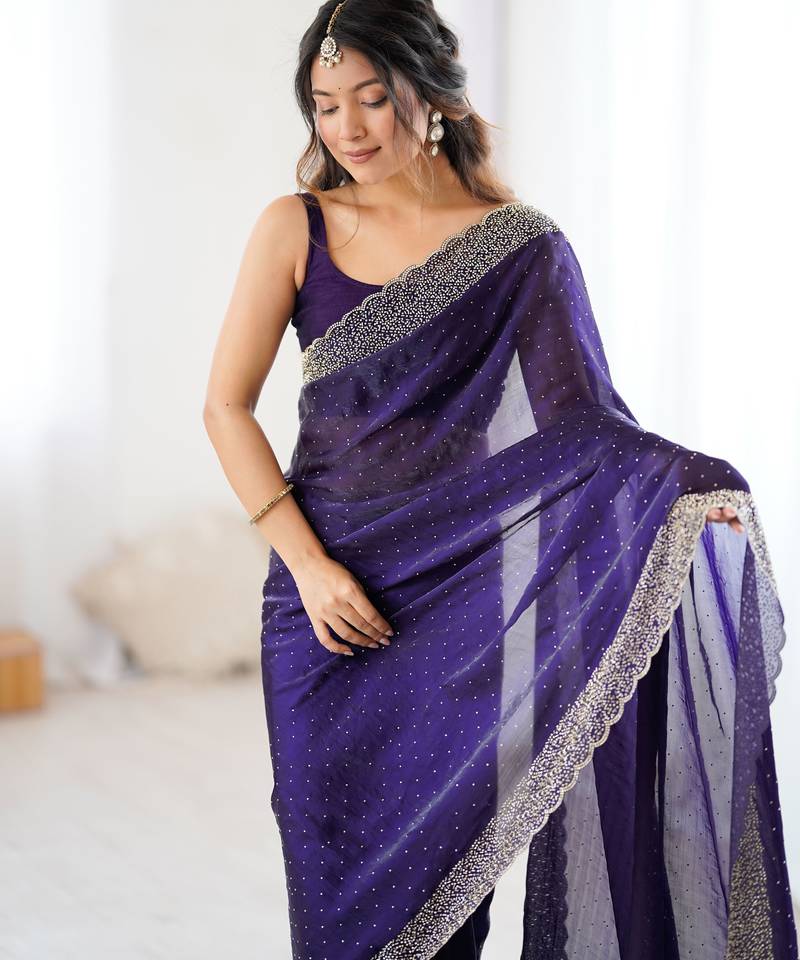 voilet color chiffon fabric zarkan hand work designer bollywood style saree