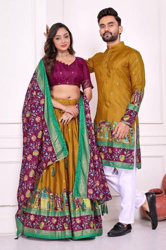 Mustard silk men's  kurta with payjama and semi stitched lehenga choli couple combo