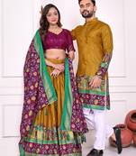 Mustard silk men's  kurta with payjama and semi stitched lehenga choli couple combo
