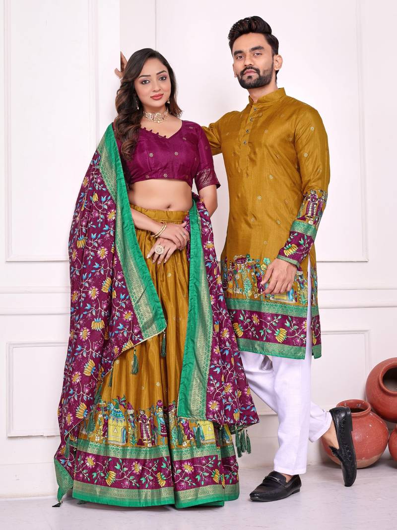 Mustard silk men's  kurta with payjama and semi stitched lehenga choli couple combo