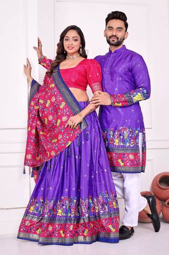 Blue silk men's  kurta with payjama and semi stitched lehenga choli couple combo