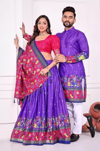 Blue silk men's  kurta with payjama and semi stitched lehenga choli couple combo