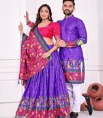 Blue silk men's  kurta with payjama and semi stitched lehenga choli couple combo