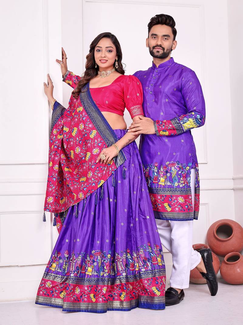 Blue silk men's  kurta with payjama and semi stitched lehenga choli couple combo
