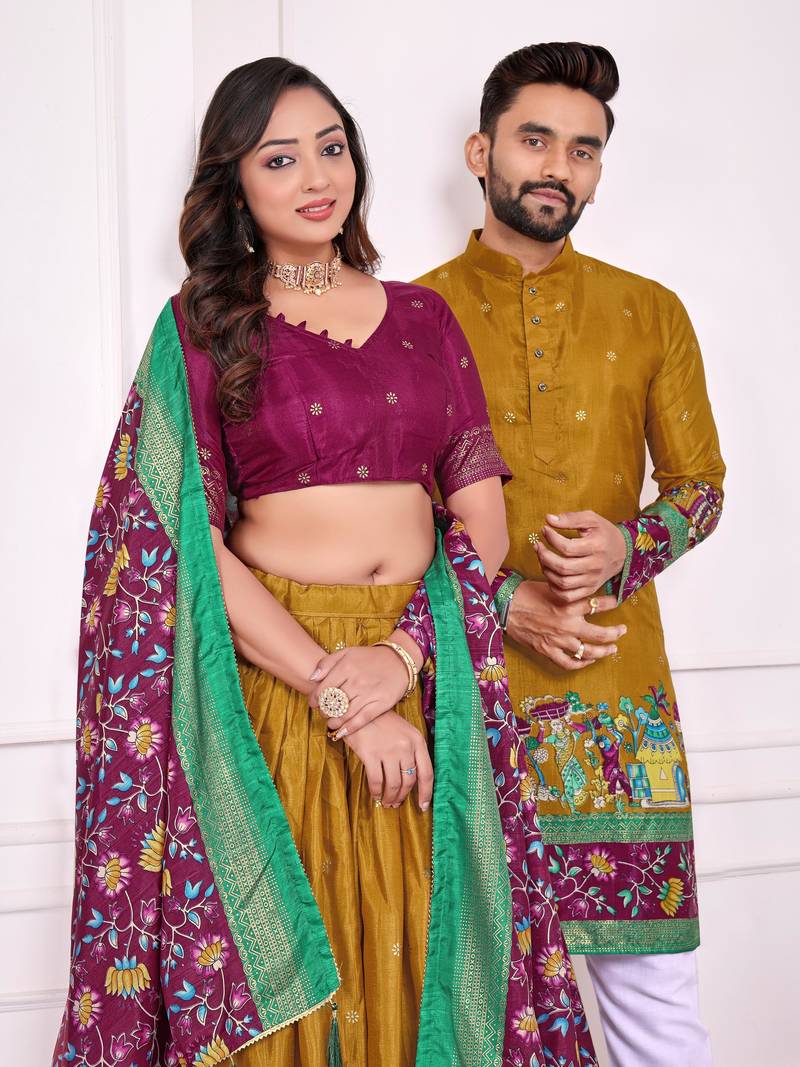 Mustard silk men's  kurta with payjama and semi stitched lehenga choli couple combo