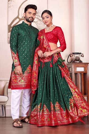 Green silk men's  kurta with payjama and semi stitched lehenga choli couple combo