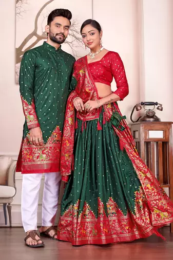 Green silk men's  kurta with payjama and semi stitched lehenga choli couple combo
