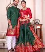 Green silk men's  kurta with payjama and semi stitched lehenga choli couple combo