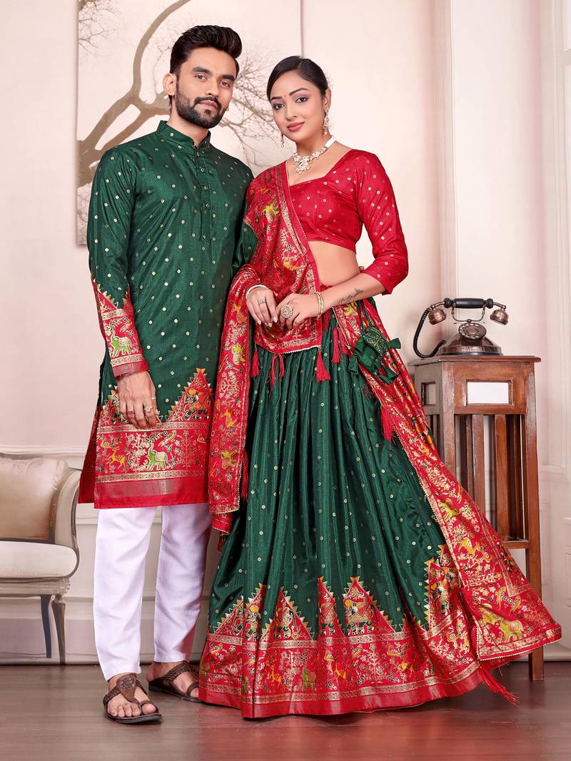 Green silk men's  kurta with payjama and semi stitched lehenga choli couple combo