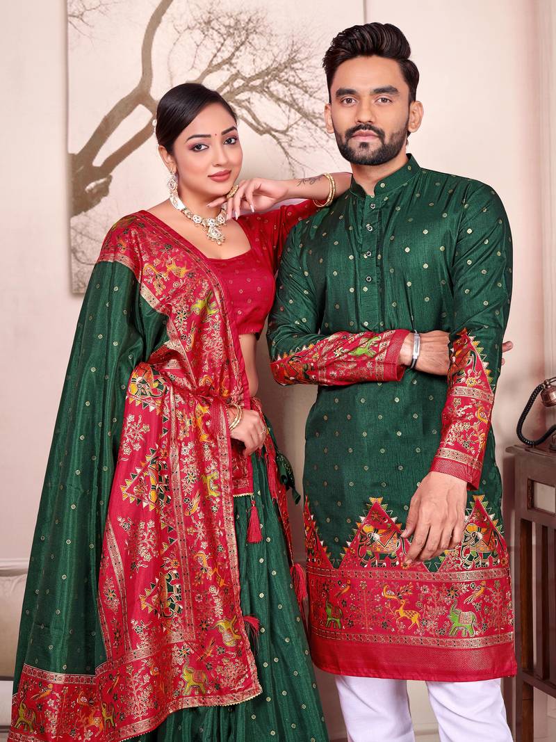Green silk men's  kurta with payjama and semi stitched lehenga choli couple combo