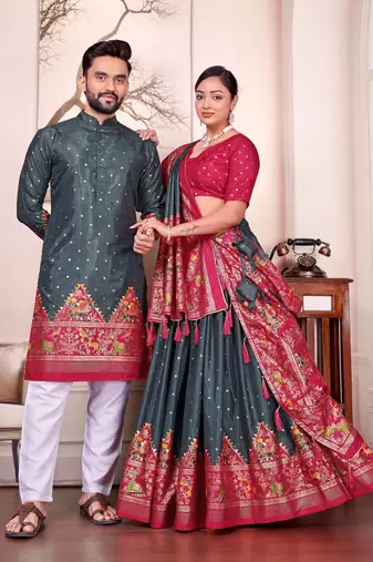 Black silk men's  kurta with payjama and semi stitched lehenga choli couple combo