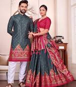 Black silk men's  kurta with payjama and semi stitched lehenga choli couple combo