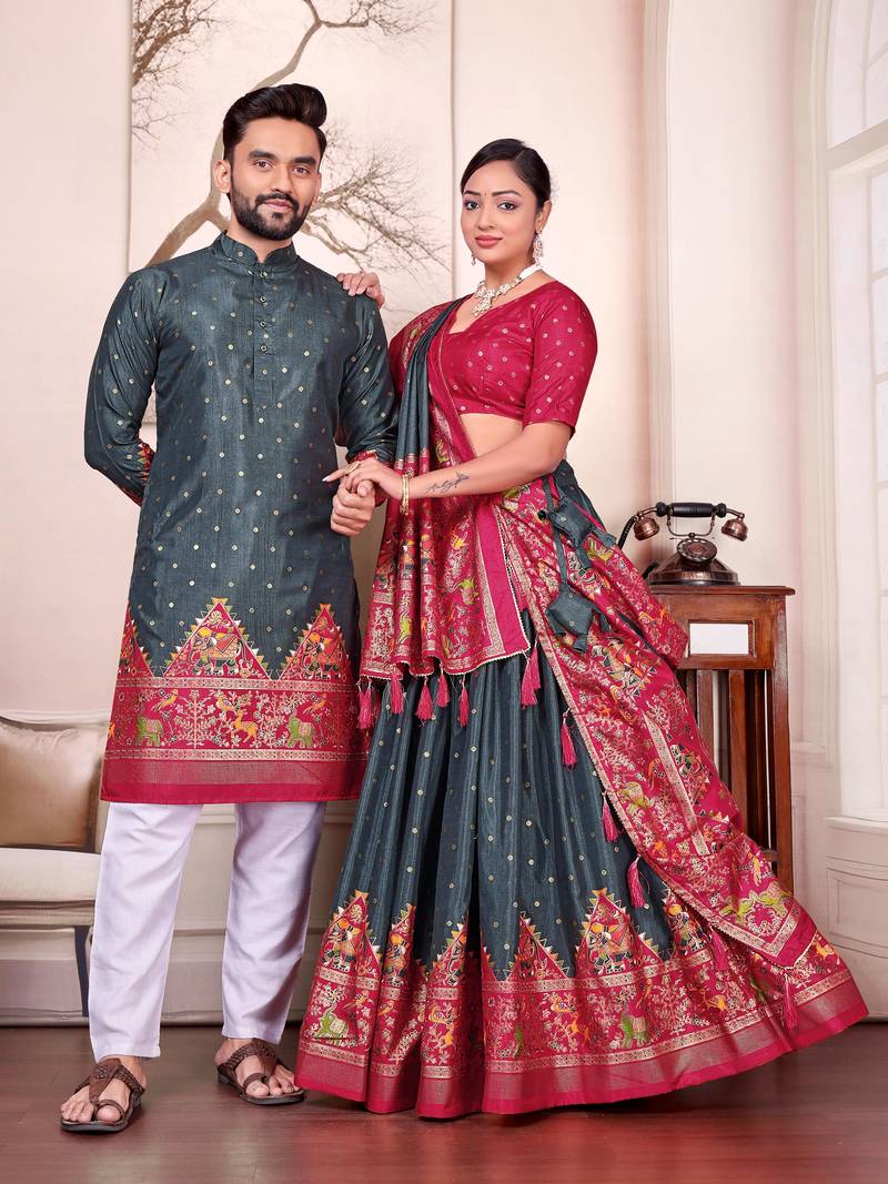 Black silk men's  kurta with payjama and semi stitched lehenga choli couple combo