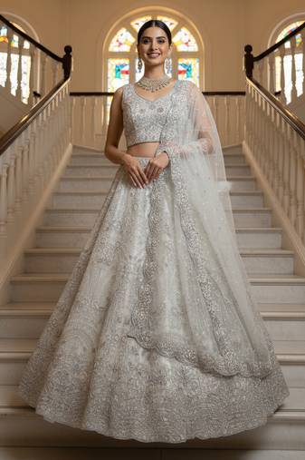 Spellbinding White White Pearl Beads, Thread work, Zari and Dori Embroidered, Zircon Diamond Heavy Net Lehenga Choli